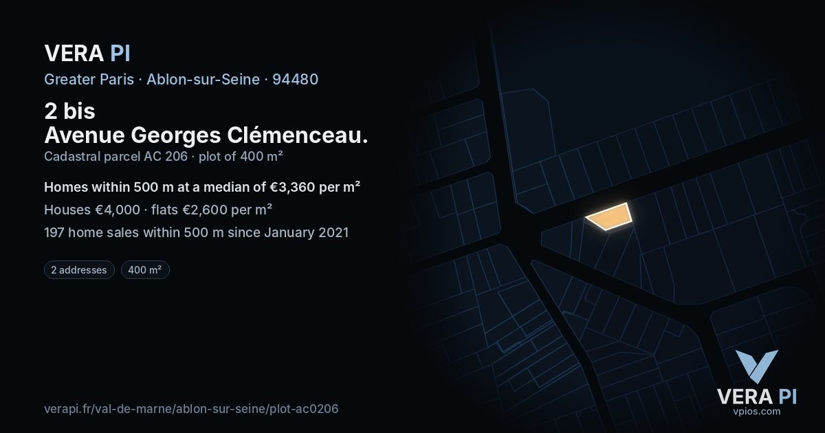 2 bis Avenue Georges Clémenceau, Ablon-sur-Seine at night – the plot lit, the parcels around coloured by the prices near them