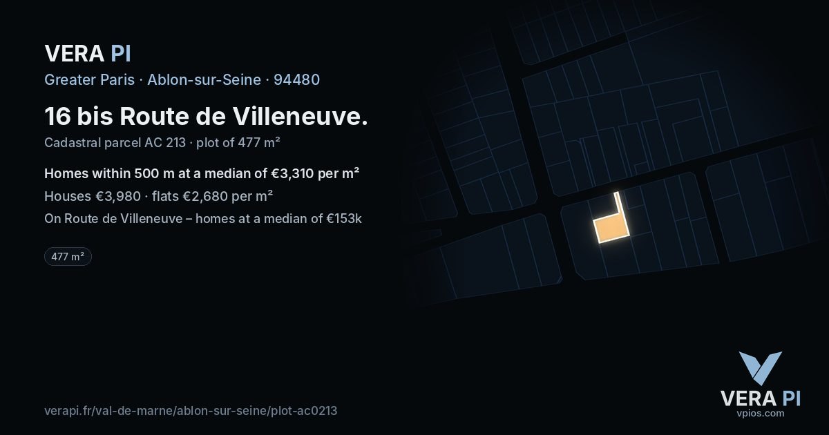 16 bis Route de Villeneuve, Ablon-sur-Seine at night – the plot lit, the parcels around coloured by the prices near them