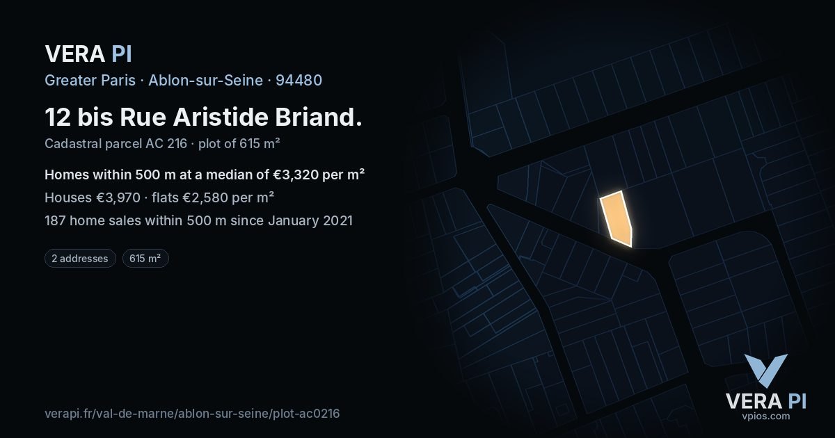 12 bis Rue Aristide Briand, Ablon-sur-Seine at night – the plot lit, the parcels around coloured by the prices near them