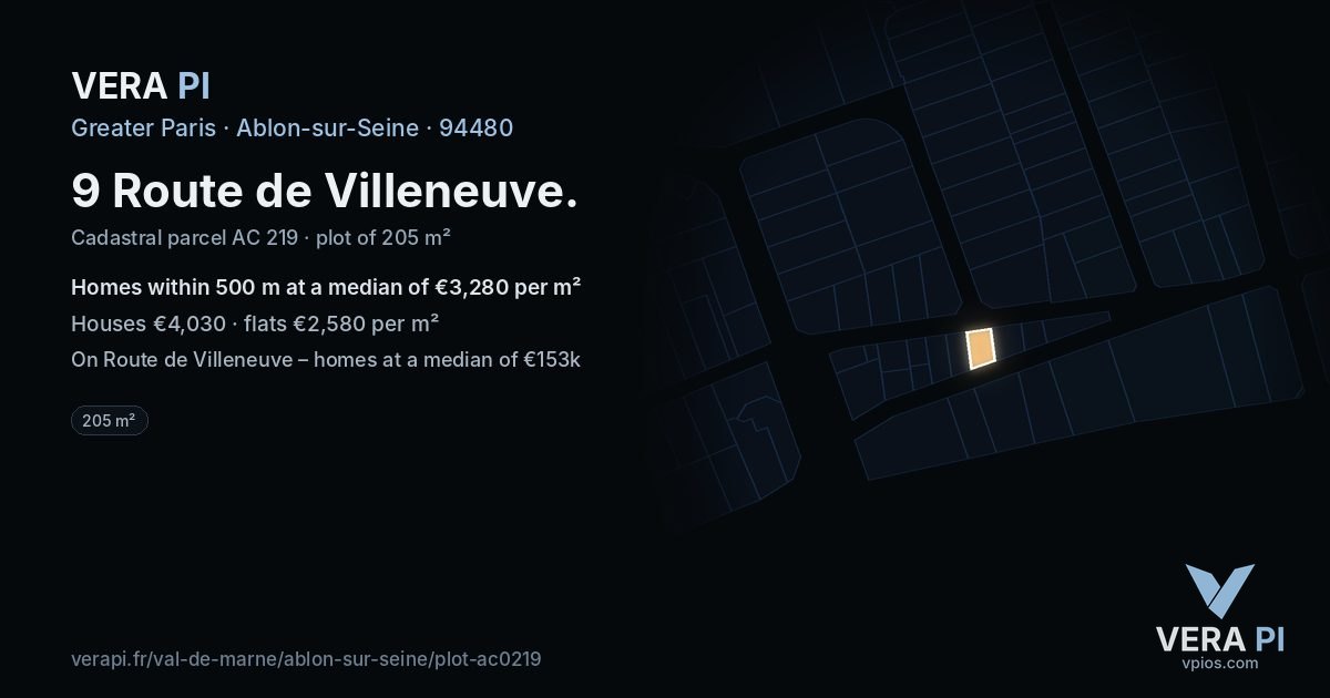 9 Route de Villeneuve, Ablon-sur-Seine at night – the plot lit, the parcels around coloured by the prices near them
