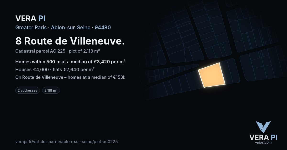 8 Route de Villeneuve, Ablon-sur-Seine at night – the plot lit, the parcels around coloured by the prices near them