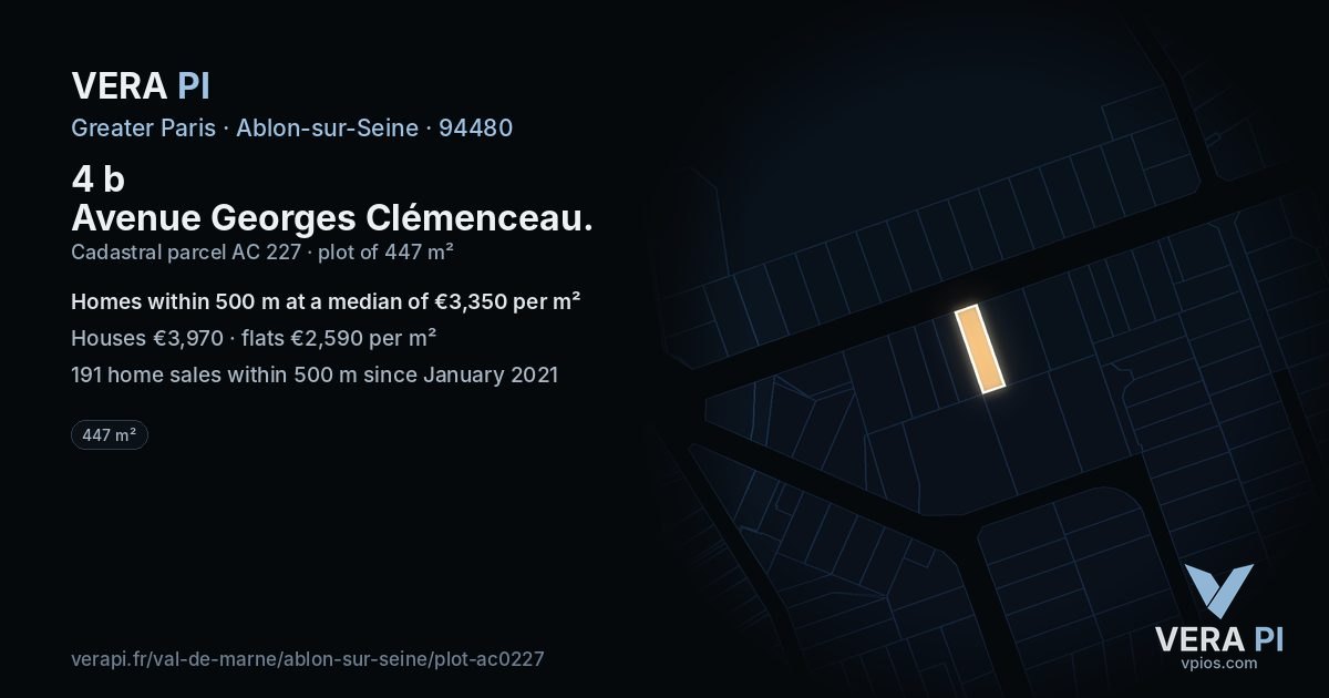 4 b Avenue Georges Clémenceau, Ablon-sur-Seine at night – the plot lit, the parcels around coloured by the prices near them