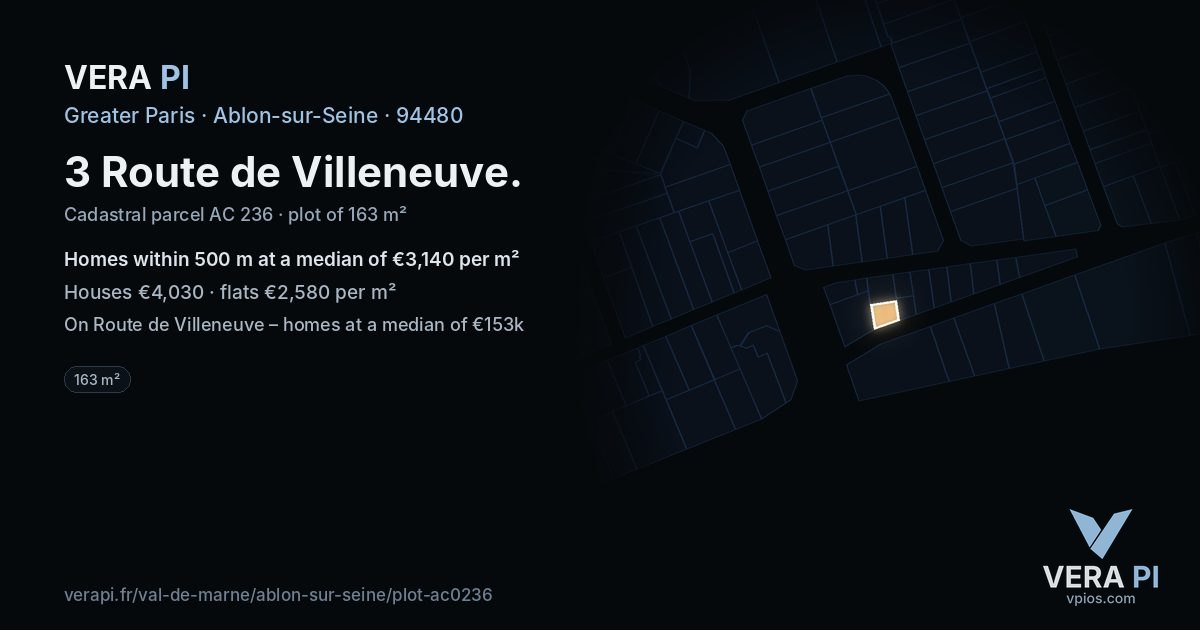 3 Route de Villeneuve, Ablon-sur-Seine at night – the plot lit, the parcels around coloured by the prices near them