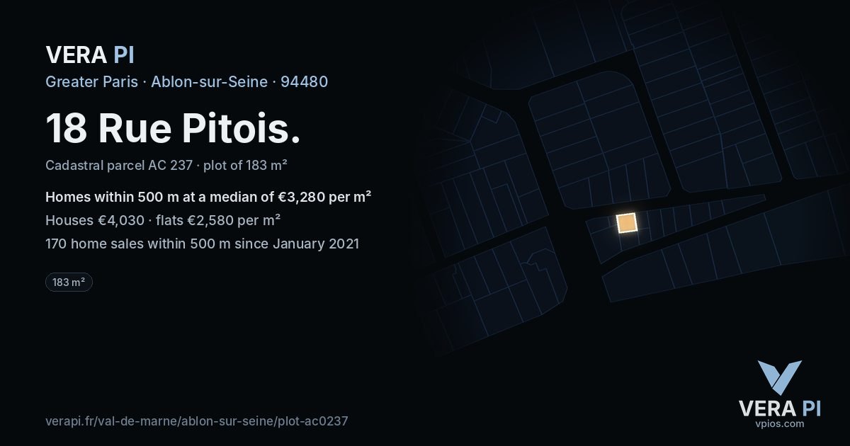 18 Rue Pitois, Ablon-sur-Seine at night – the plot lit, the parcels around coloured by the prices near them