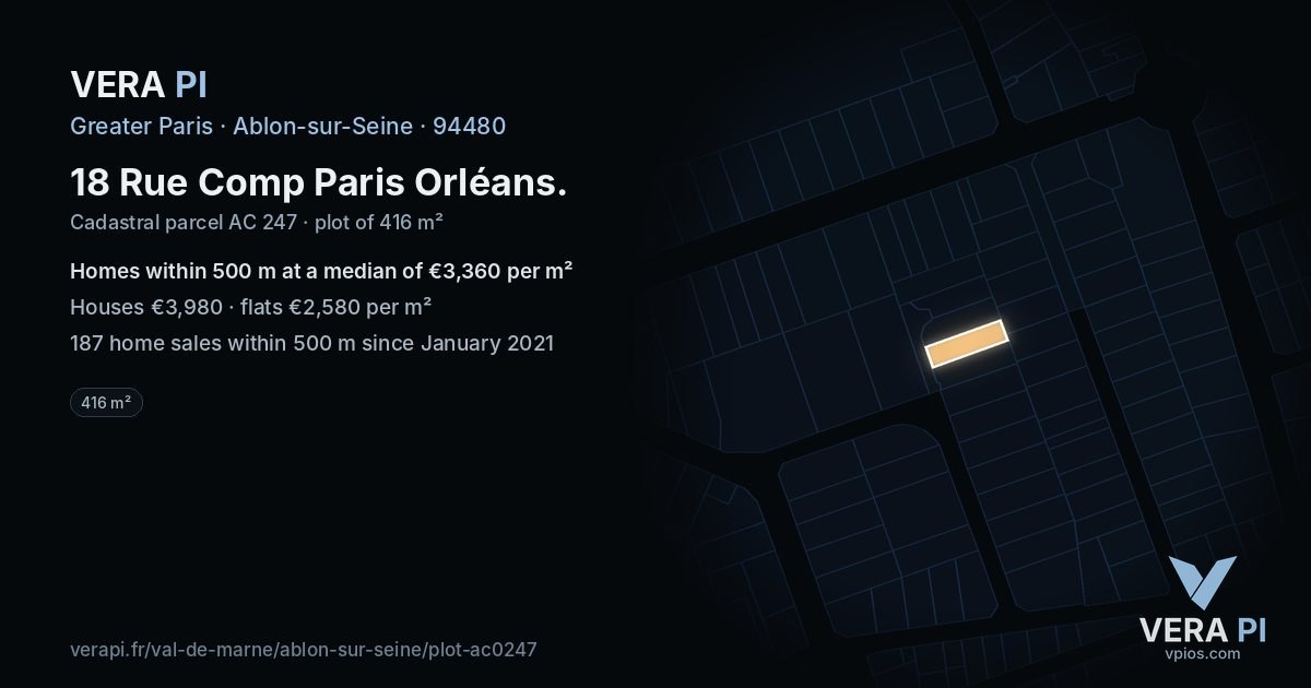 18 Rue Comp Paris Orléans, Ablon-sur-Seine at night – the plot lit, the parcels around coloured by the prices near them