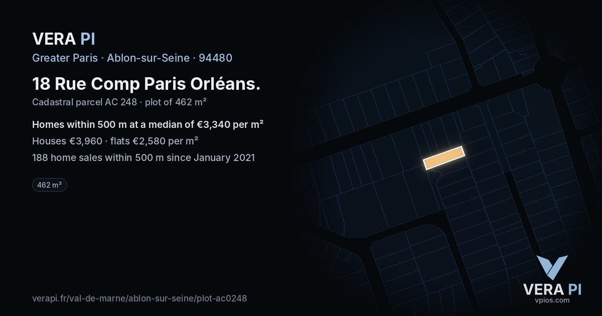 18 Rue Comp Paris Orléans, Ablon-sur-Seine at night – the plot lit, the parcels around coloured by the prices near them