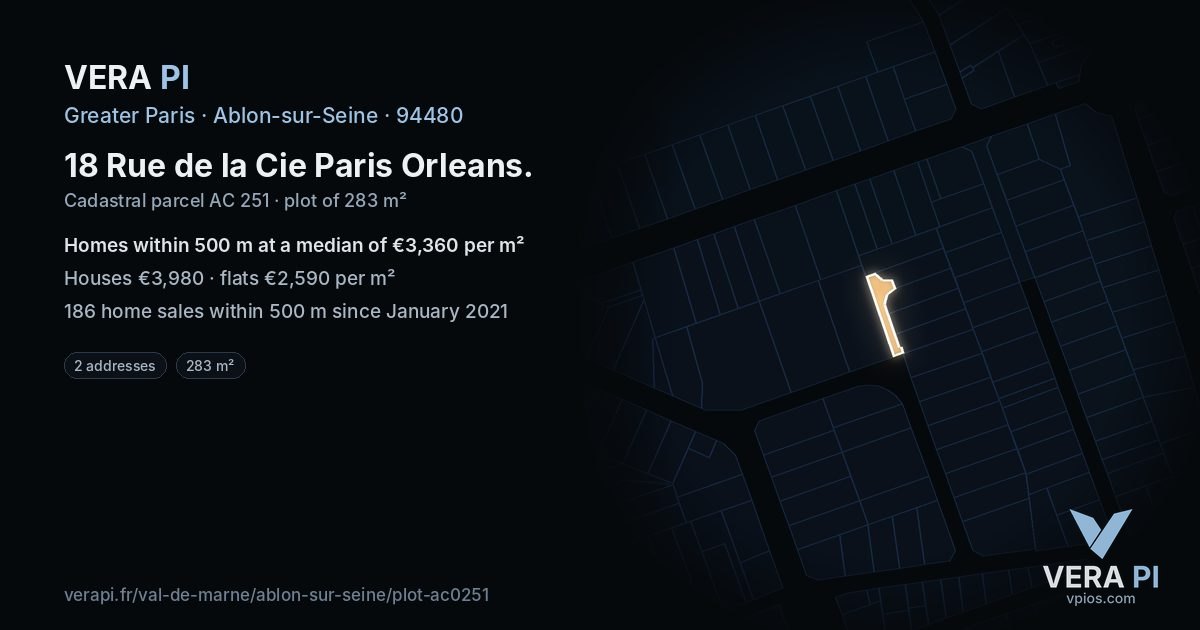 18 Rue de la Cie Paris Orleans, Ablon-sur-Seine at night – the plot lit, the parcels around coloured by the prices near them