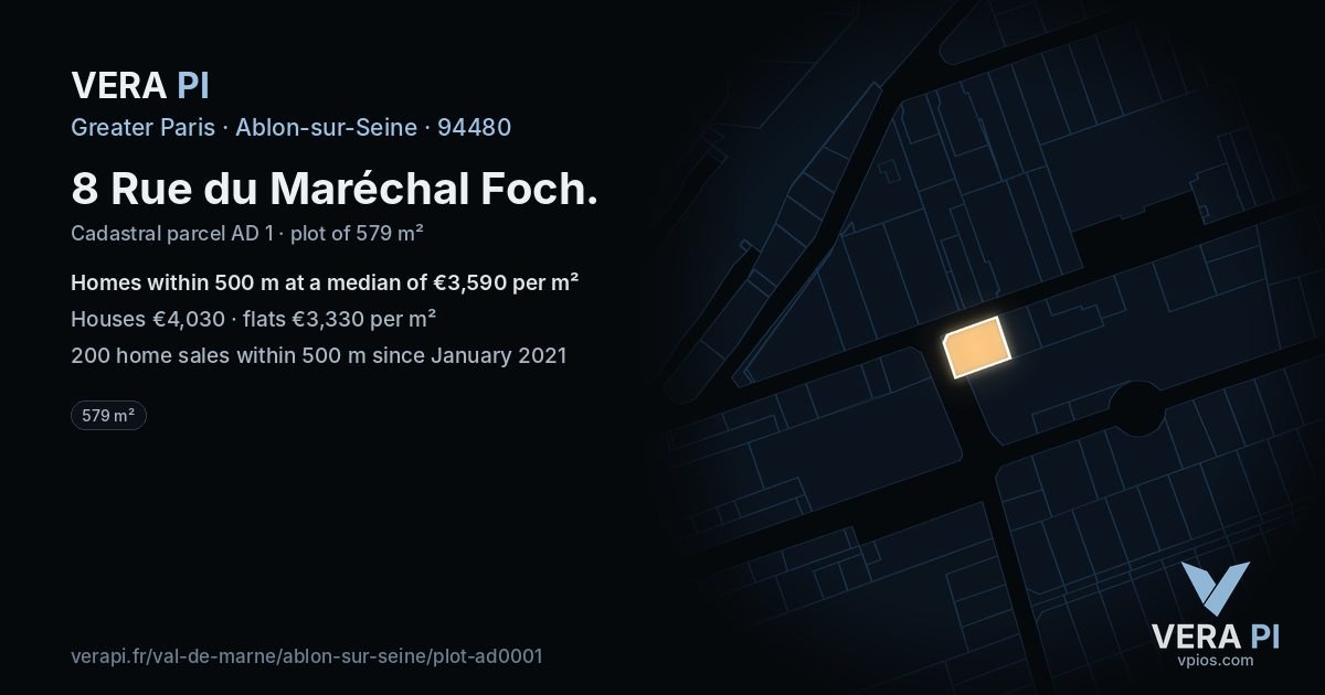 8 Rue du Maréchal Foch, Ablon-sur-Seine at night – the plot lit, the parcels around coloured by the prices near them