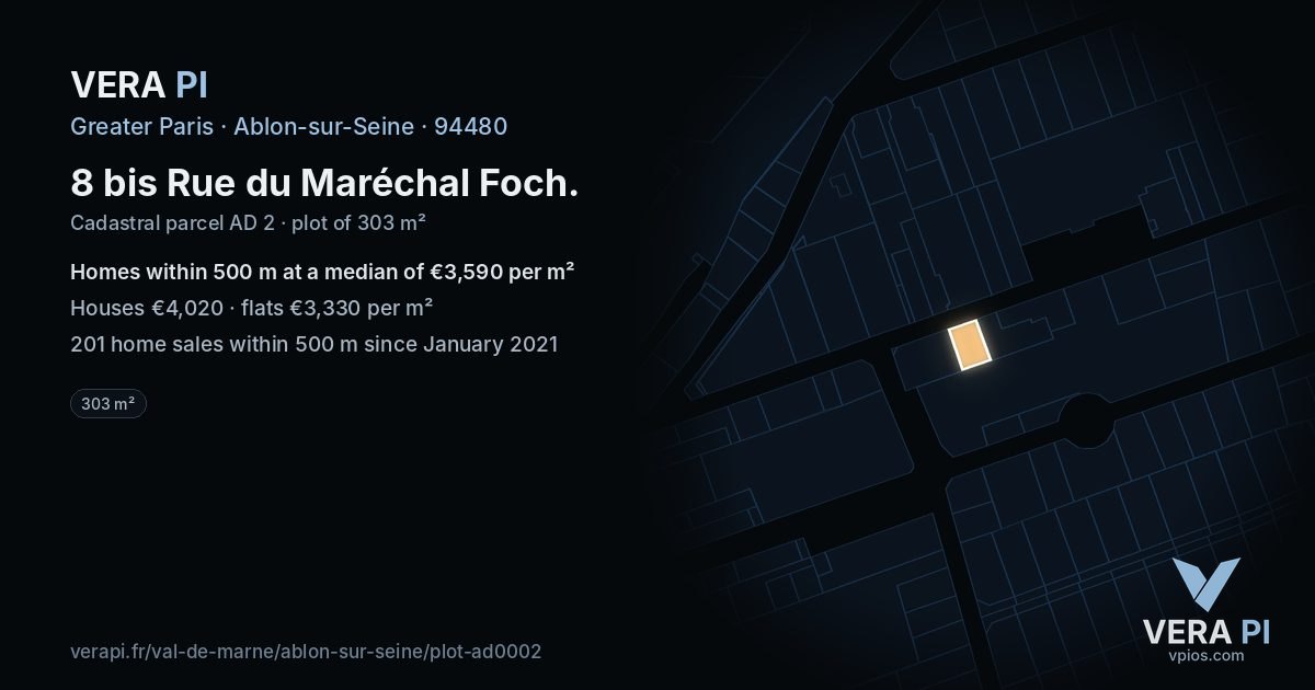 8 bis Rue du Maréchal Foch, Ablon-sur-Seine at night – the plot lit, the parcels around coloured by the prices near them