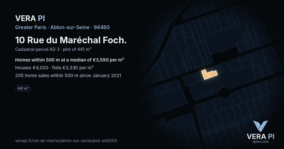 10 Rue du Maréchal Foch, Ablon-sur-Seine at night – the plot lit, the parcels around coloured by the prices near them