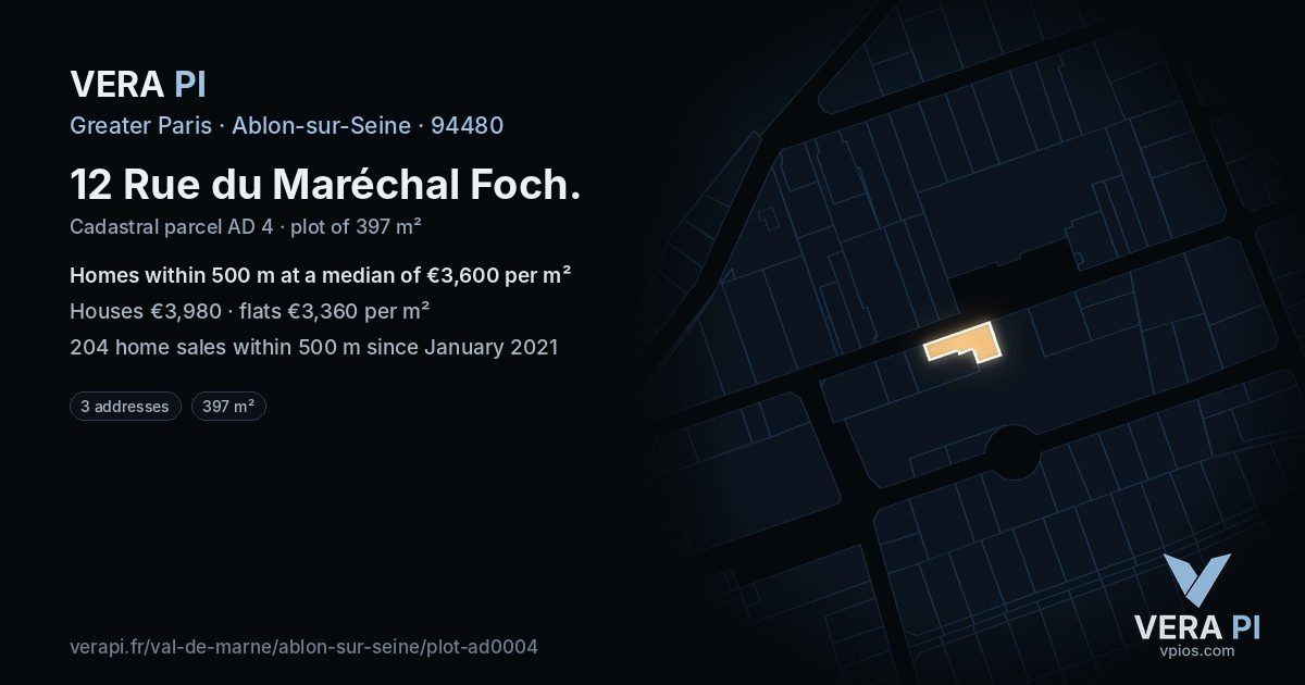 12 Rue du Maréchal Foch, Ablon-sur-Seine at night – the plot lit, the parcels around coloured by the prices near them
