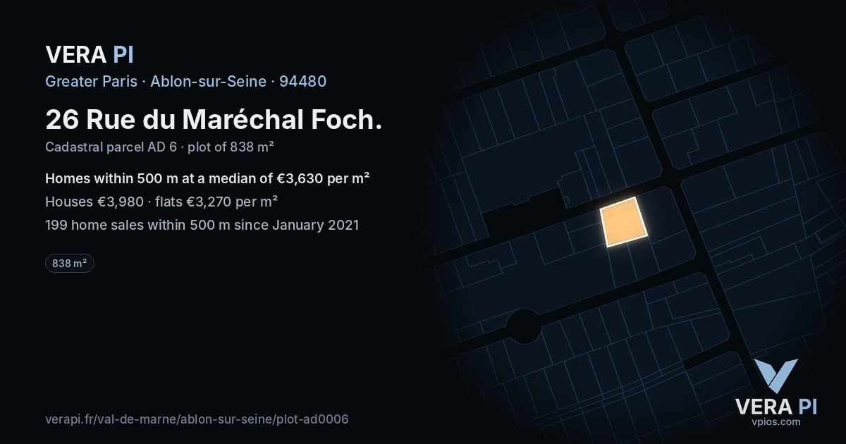 26 Rue du Maréchal Foch, Ablon-sur-Seine at night – the plot lit, the parcels around coloured by the prices near them