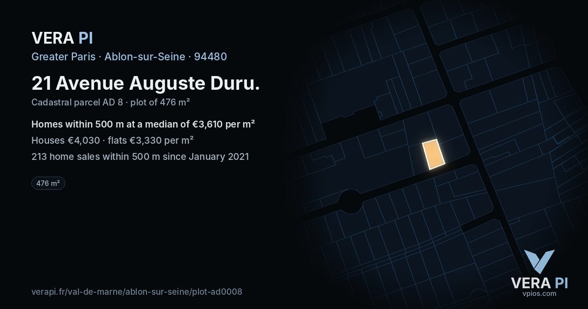 21 Avenue Auguste Duru, Ablon-sur-Seine at night – the plot lit, the parcels around coloured by the prices near them
