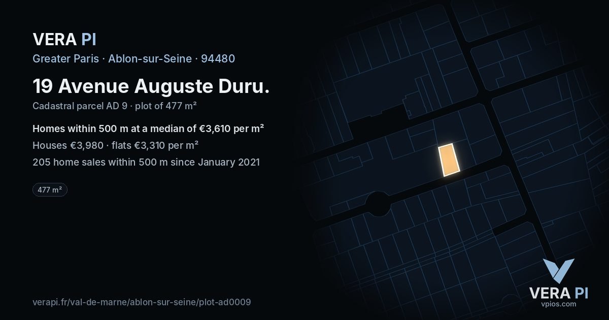 19 Avenue Auguste Duru, Ablon-sur-Seine at night – the plot lit, the parcels around coloured by the prices near them