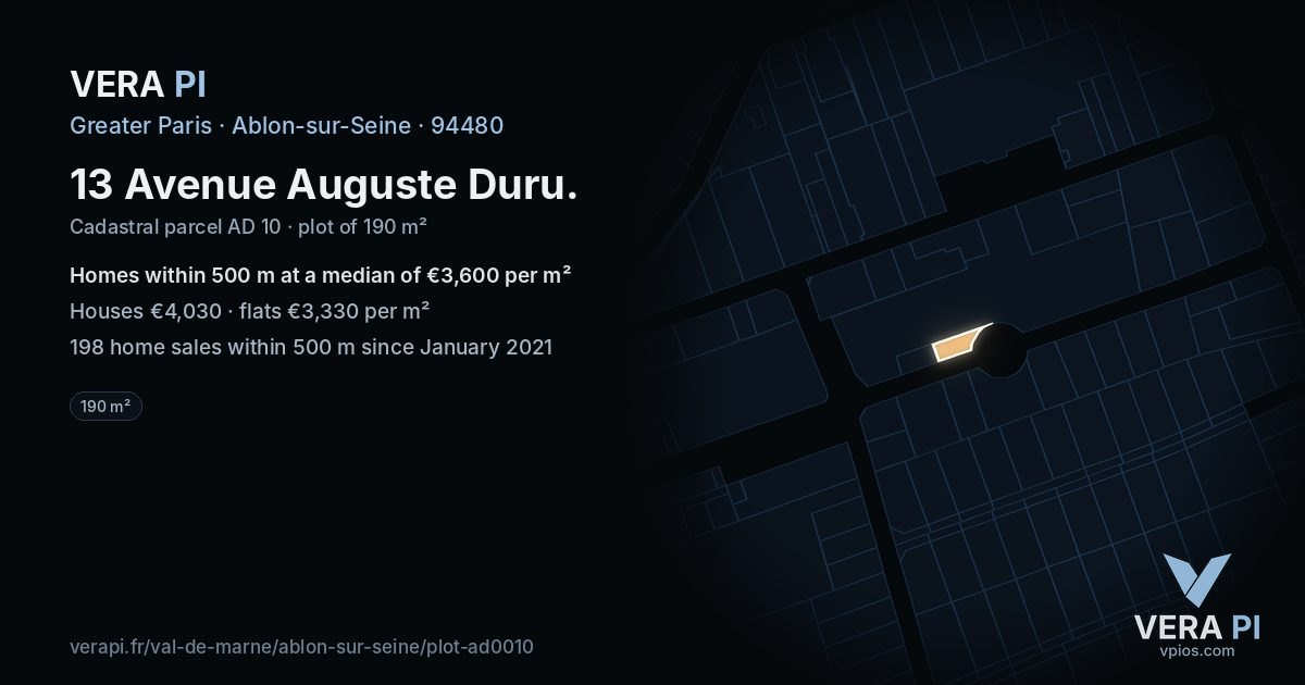 13 Avenue Auguste Duru, Ablon-sur-Seine at night – the plot lit, the parcels around coloured by the prices near them