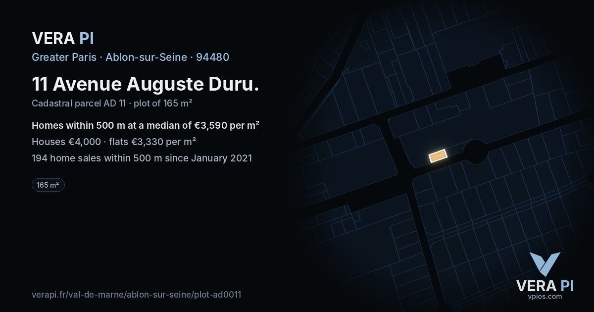 11 Avenue Auguste Duru, Ablon-sur-Seine at night – the plot lit, the parcels around coloured by the prices near them
