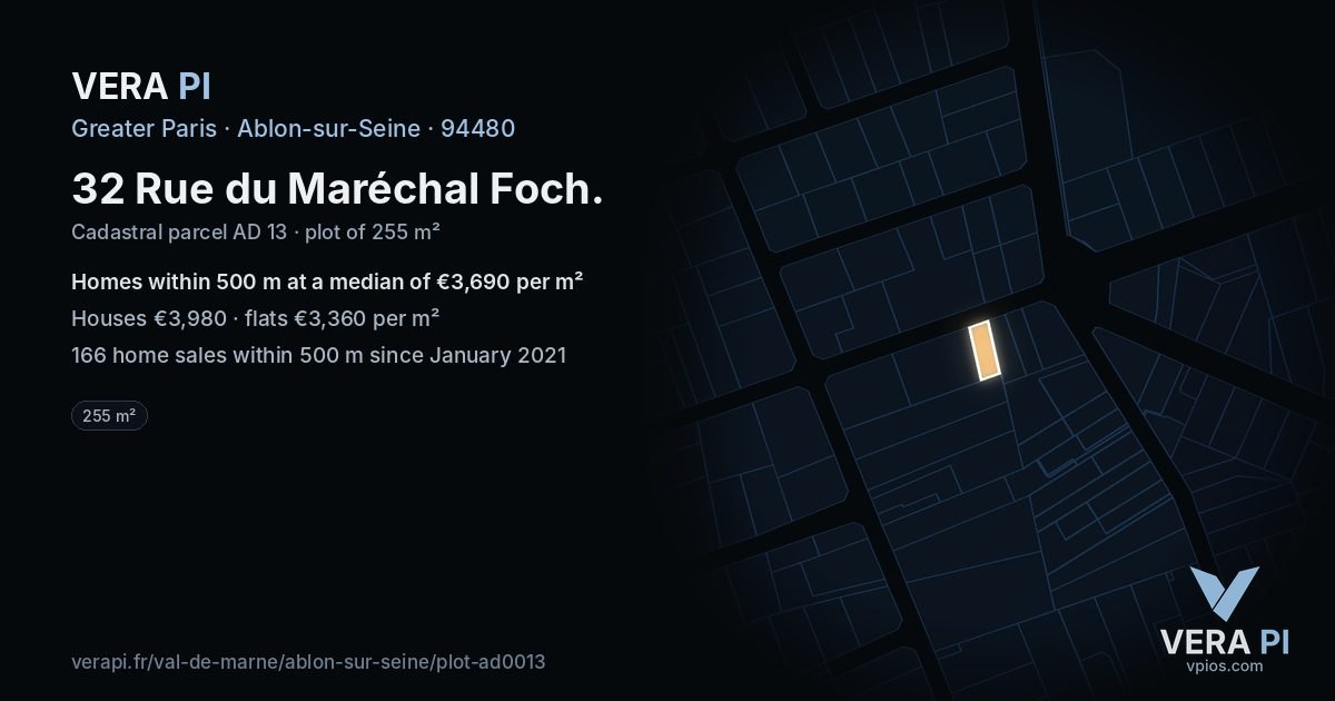 32 Rue du Maréchal Foch, Ablon-sur-Seine at night – the plot lit, the parcels around coloured by the prices near them