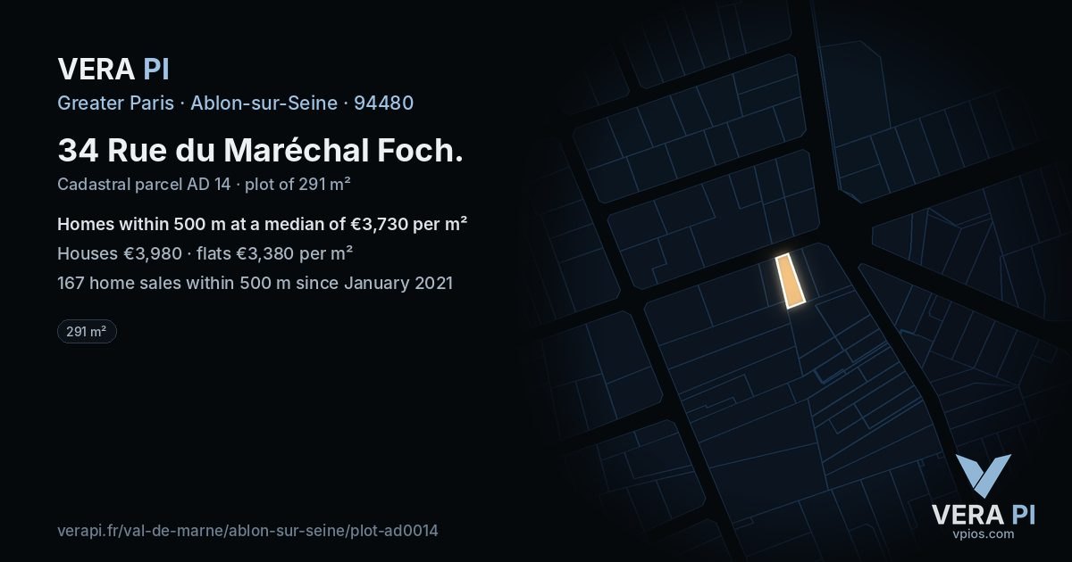 34 Rue du Maréchal Foch, Ablon-sur-Seine at night – the plot lit, the parcels around coloured by the prices near them
