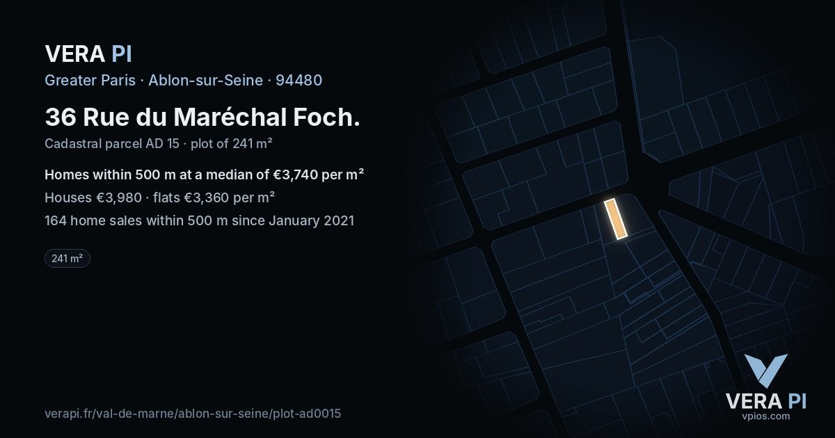 36 Rue du Maréchal Foch, Ablon-sur-Seine at night – the plot lit, the parcels around coloured by the prices near them
