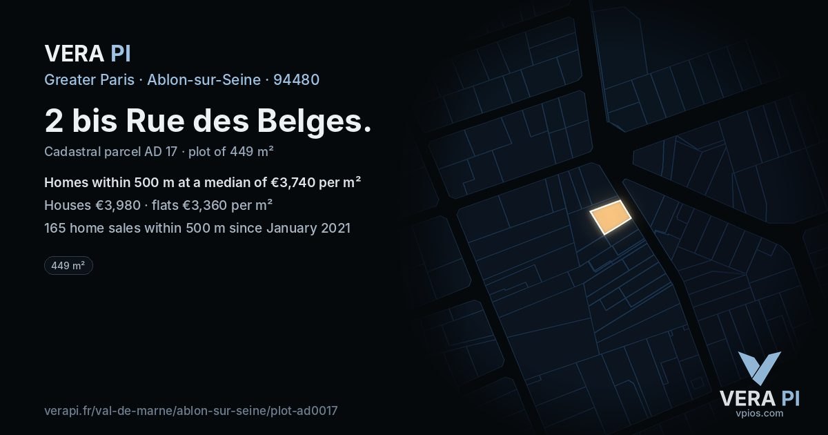2 bis Rue des Belges, Ablon-sur-Seine at night – the plot lit, the parcels around coloured by the prices near them