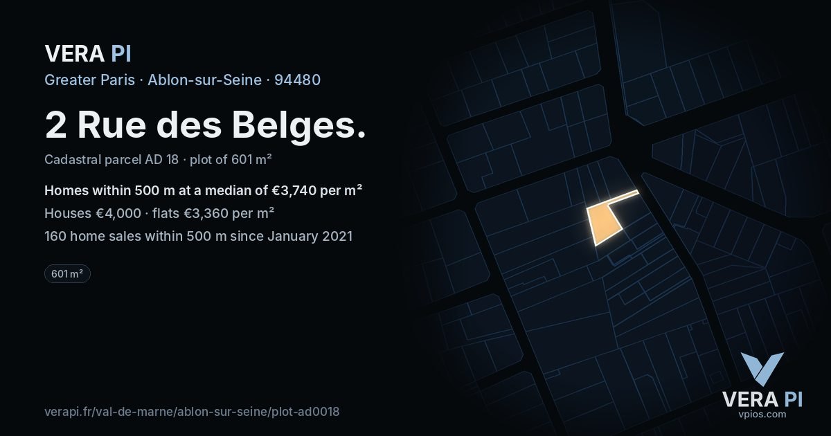 2 Rue des Belges, Ablon-sur-Seine at night – the plot lit, the parcels around coloured by the prices near them