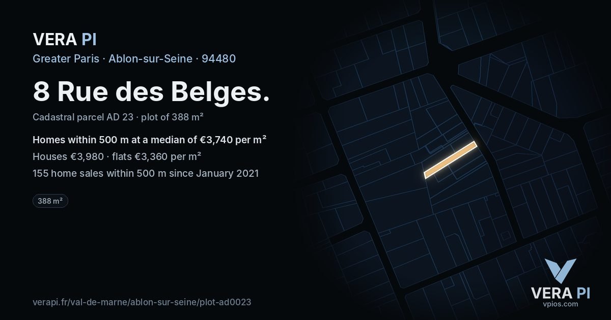 8 Rue des Belges, Ablon-sur-Seine at night – the plot lit, the parcels around coloured by the prices near them