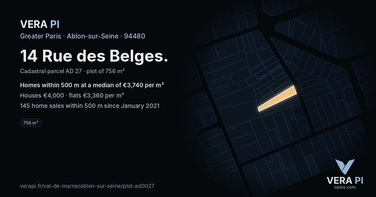 14 Rue des Belges, Ablon-sur-Seine at night – the plot lit, the parcels around coloured by the prices near them