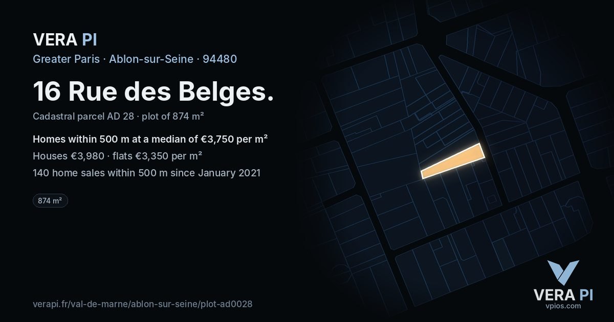 16 Rue des Belges, Ablon-sur-Seine at night – the plot lit, the parcels around coloured by the prices near them
