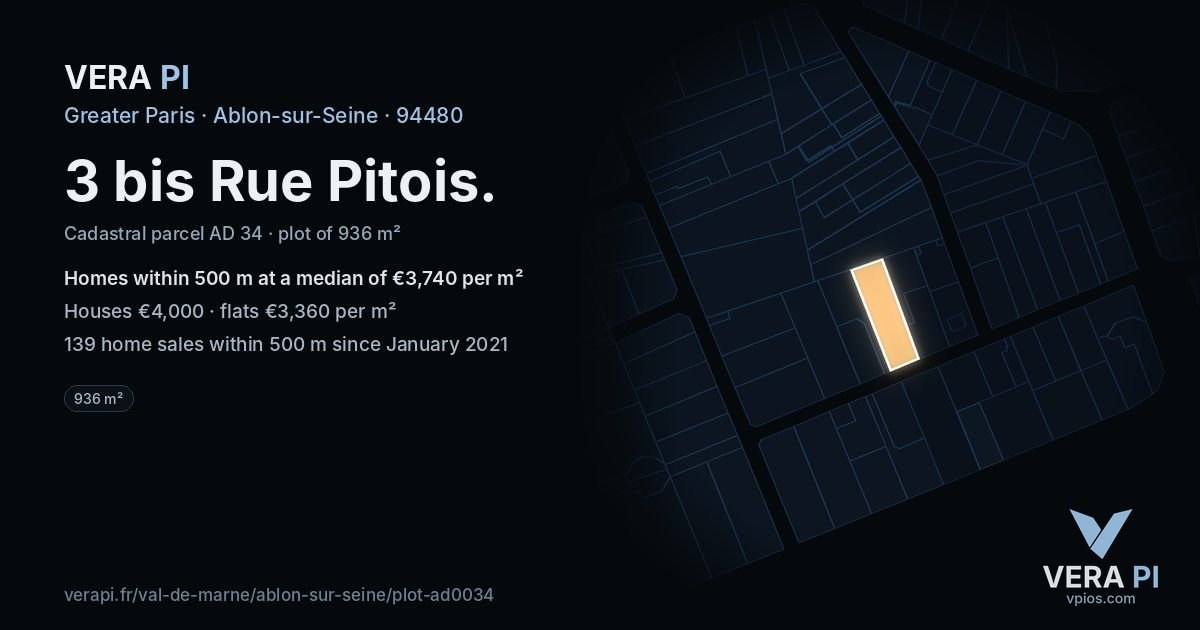 3 bis Rue Pitois, Ablon-sur-Seine at night – the plot lit, the parcels around coloured by the prices near them