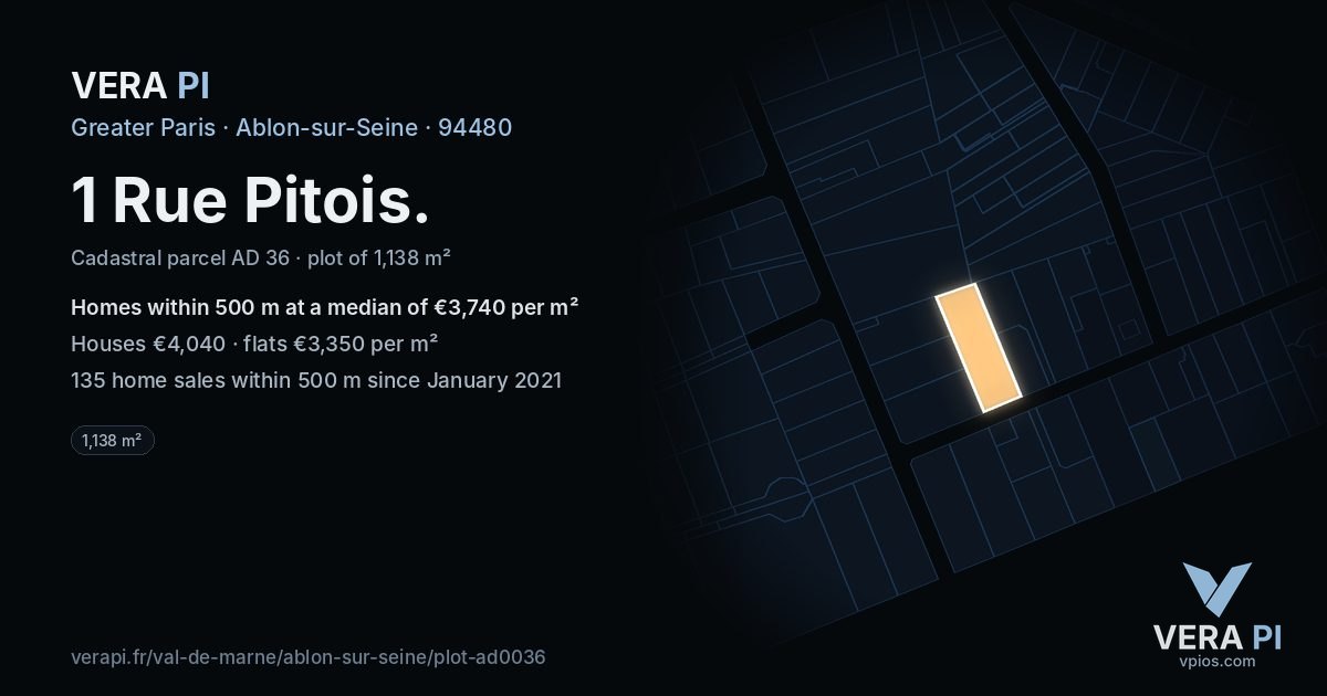 1 Rue Pitois, Ablon-sur-Seine at night – the plot lit, the parcels around coloured by the prices near them