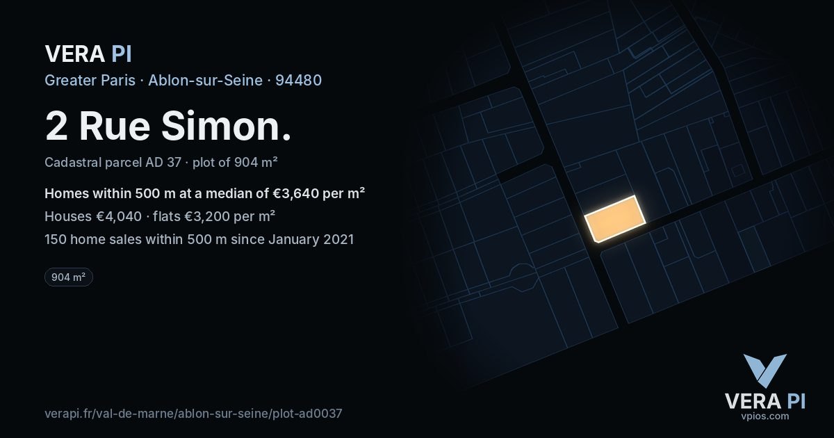 2 Rue Simon, Ablon-sur-Seine at night – the plot lit, the parcels around coloured by the prices near them