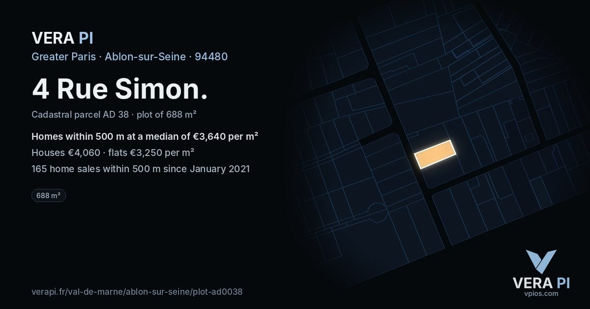 4 Rue Simon, Ablon-sur-Seine at night – the plot lit, the parcels around coloured by the prices near them