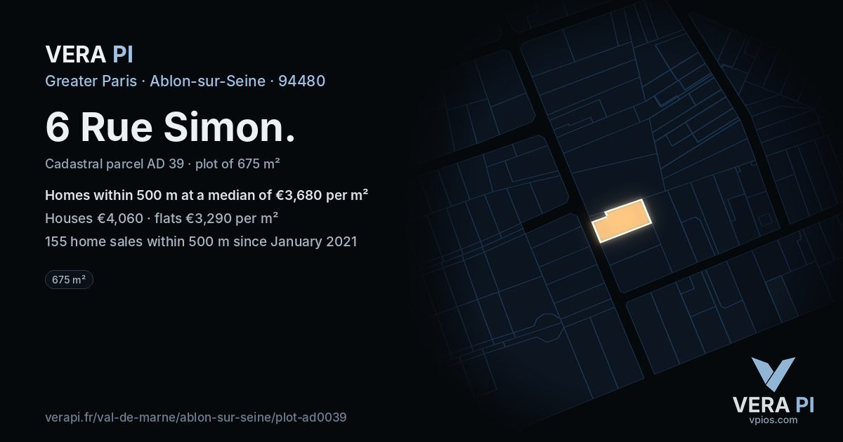 6 Rue Simon, Ablon-sur-Seine at night – the plot lit, the parcels around coloured by the prices near them