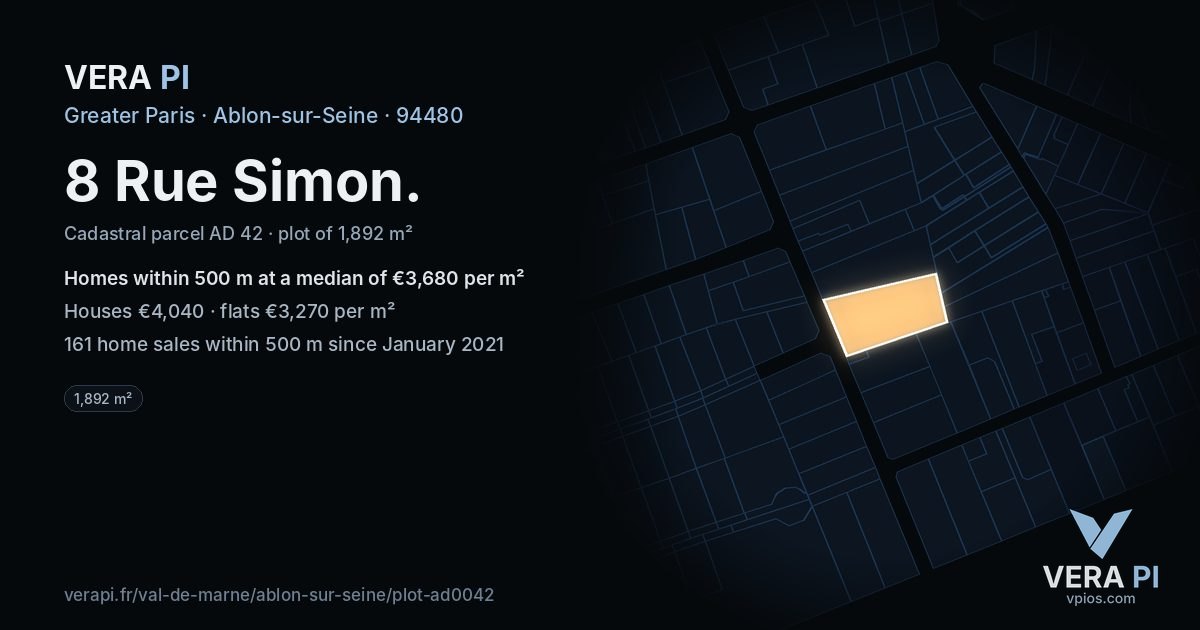 8 Rue Simon, Ablon-sur-Seine at night – the plot lit, the parcels around coloured by the prices near them