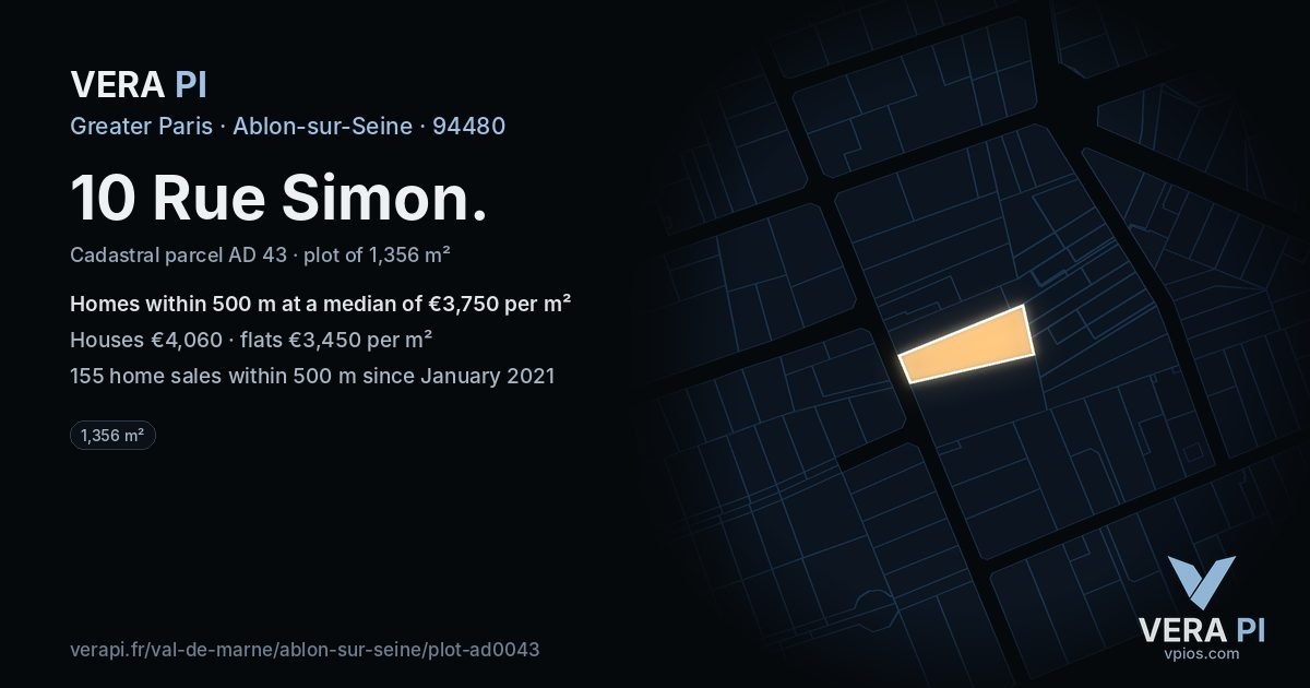 10 Rue Simon, Ablon-sur-Seine at night – the plot lit, the parcels around coloured by the prices near them