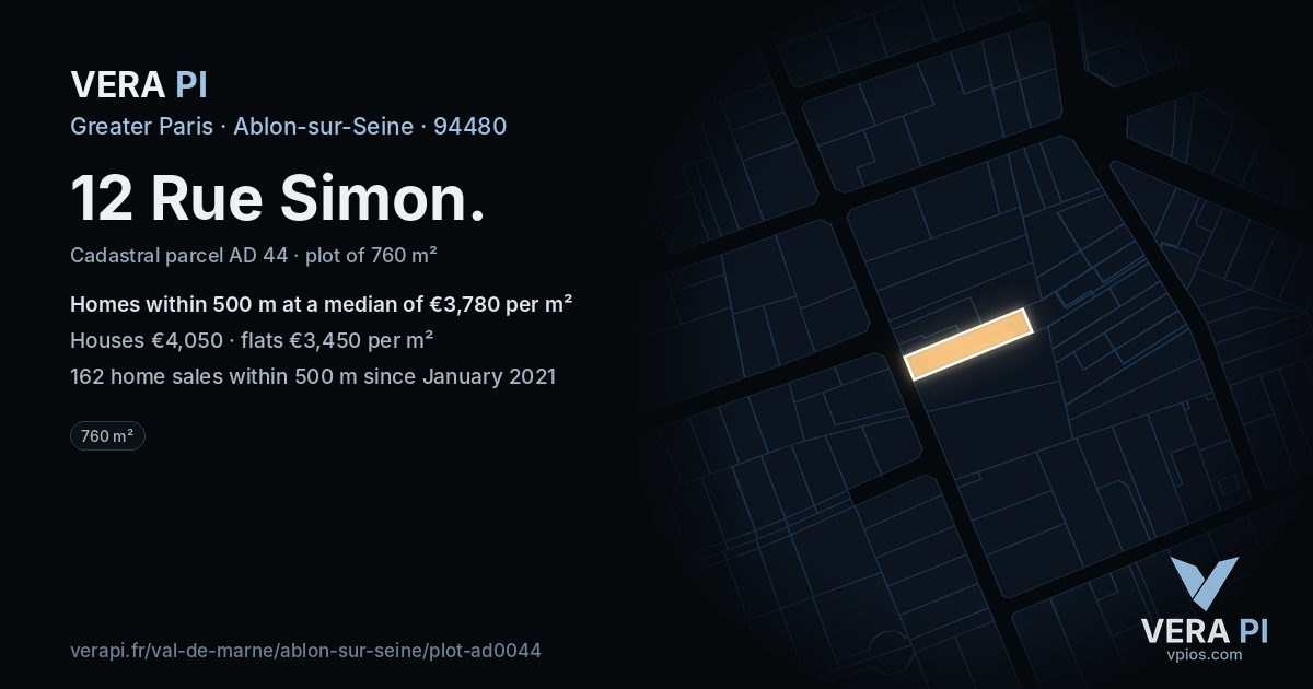 12 Rue Simon, Ablon-sur-Seine at night – the plot lit, the parcels around coloured by the prices near them