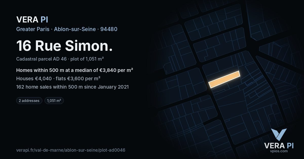 16 Rue Simon, Ablon-sur-Seine at night – the plot lit, the parcels around coloured by the prices near them