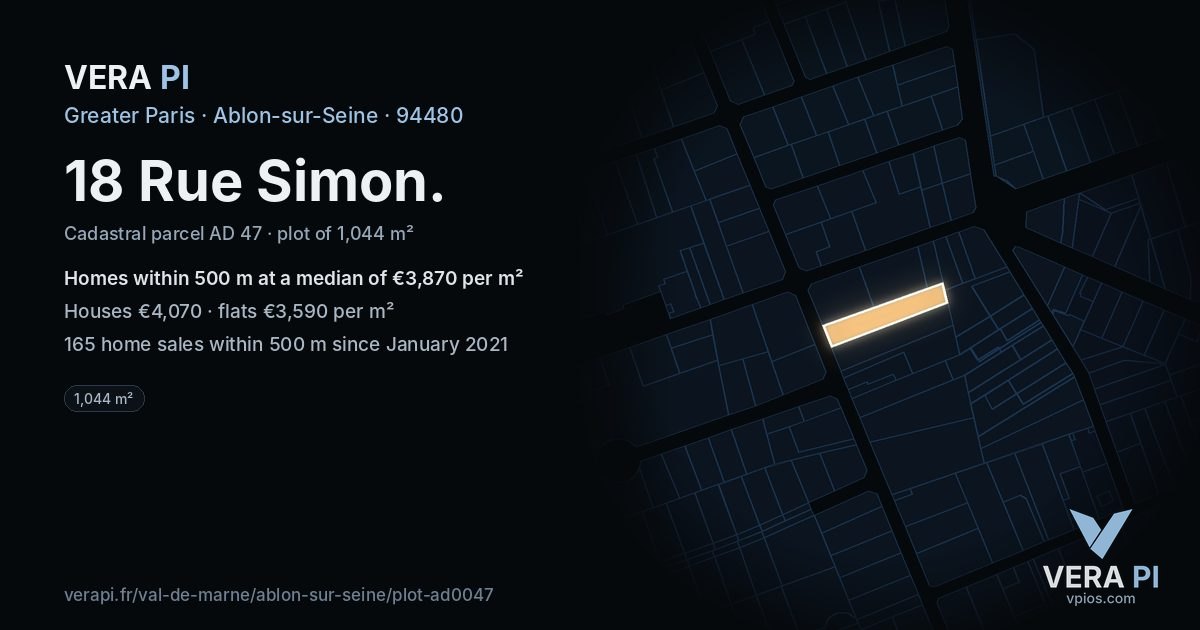 18 Rue Simon, Ablon-sur-Seine at night – the plot lit, the parcels around coloured by the prices near them