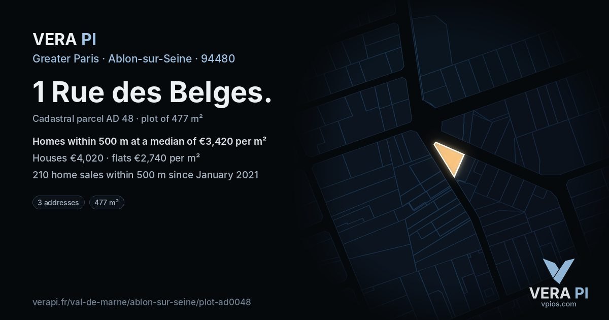 1 Rue des Belges, Ablon-sur-Seine at night – the plot lit, the parcels around coloured by the prices near them