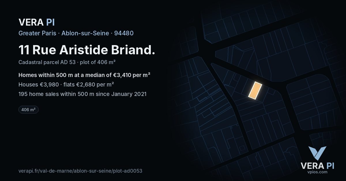 11 Rue Aristide Briand, Ablon-sur-Seine at night – the plot lit, the parcels around coloured by the prices near them