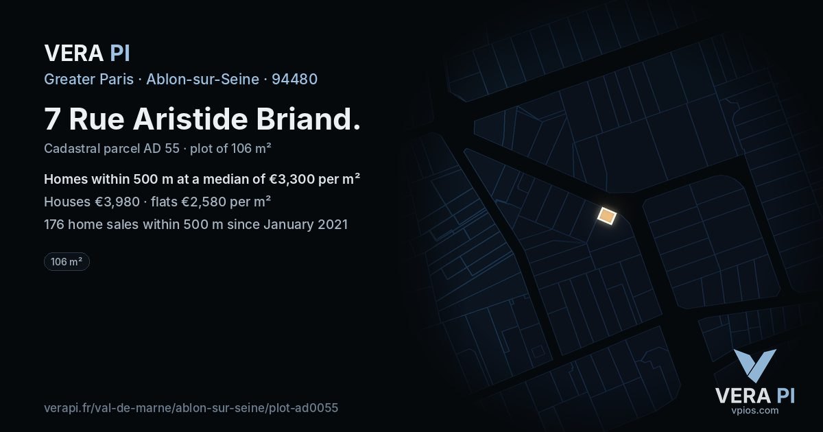 7 Rue Aristide Briand, Ablon-sur-Seine at night – the plot lit, the parcels around coloured by the prices near them