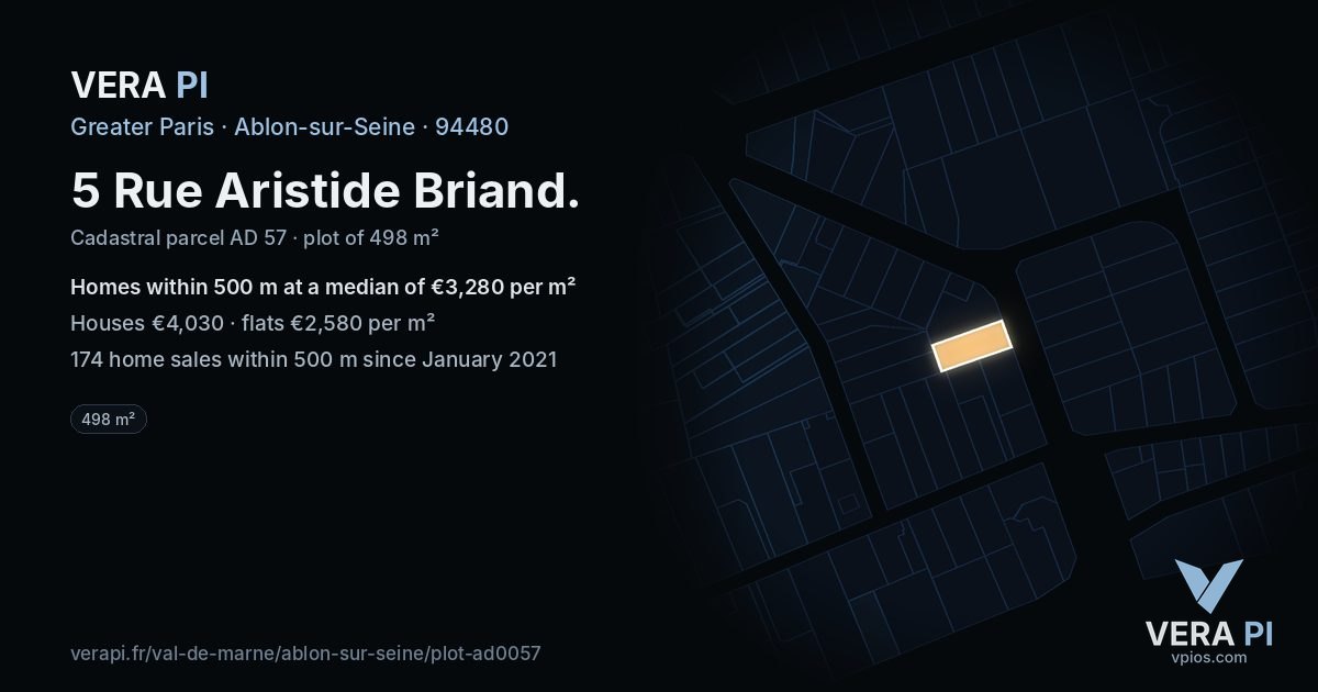 5 Rue Aristide Briand, Ablon-sur-Seine at night – the plot lit, the parcels around coloured by the prices near them