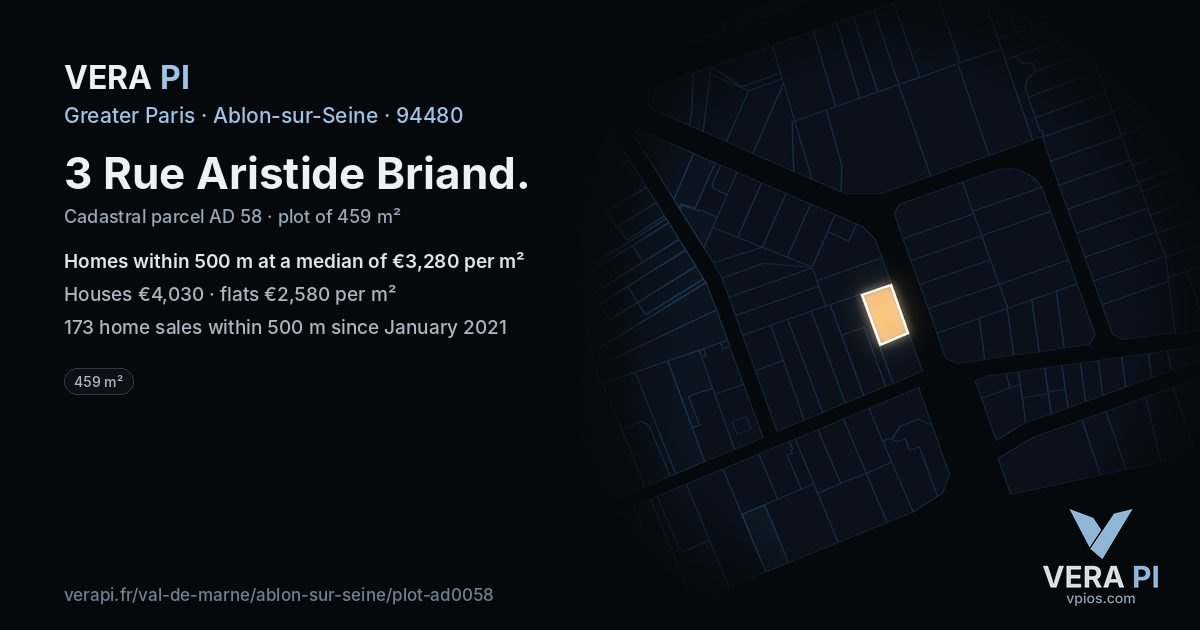 3 Rue Aristide Briand, Ablon-sur-Seine at night – the plot lit, the parcels around coloured by the prices near them