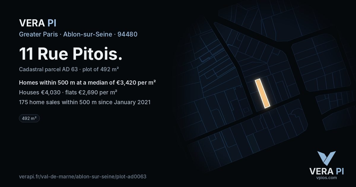 11 Rue Pitois, Ablon-sur-Seine at night – the plot lit, the parcels around coloured by the prices near them