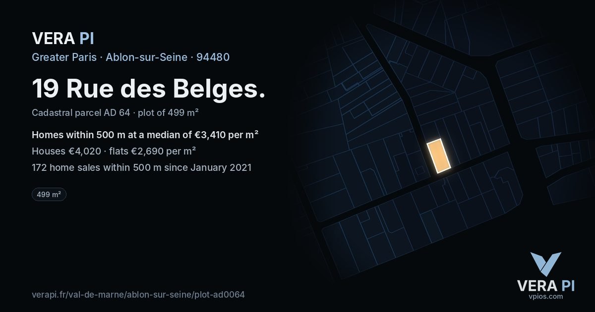 19 Rue des Belges, Ablon-sur-Seine at night – the plot lit, the parcels around coloured by the prices near them
