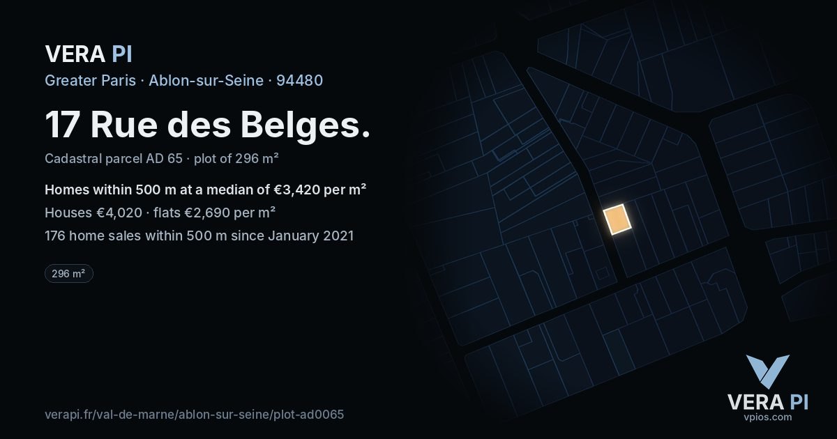 17 Rue des Belges, Ablon-sur-Seine at night – the plot lit, the parcels around coloured by the prices near them