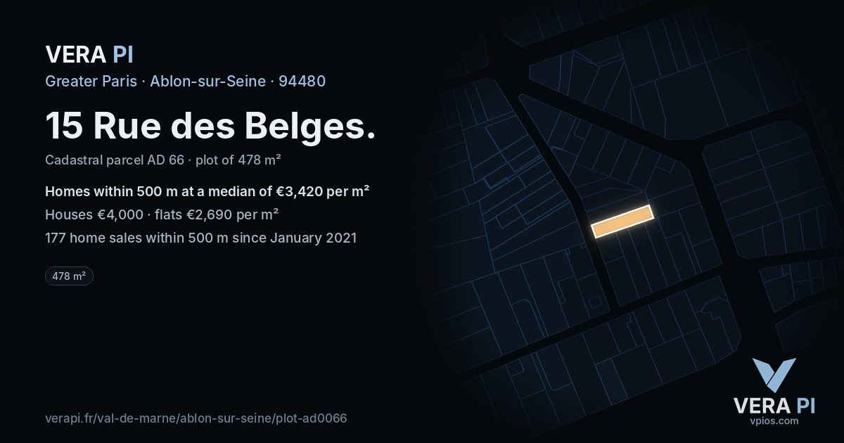 15 Rue des Belges, Ablon-sur-Seine at night – the plot lit, the parcels around coloured by the prices near them