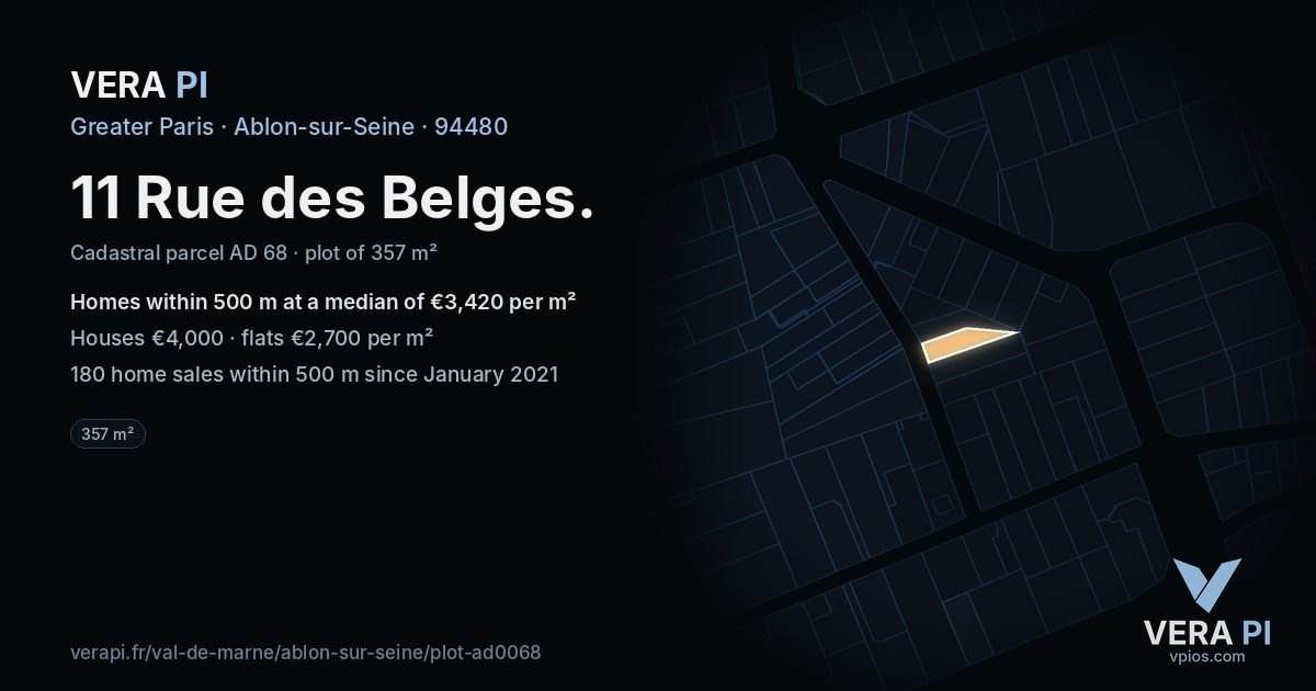 11 Rue des Belges, Ablon-sur-Seine at night – the plot lit, the parcels around coloured by the prices near them