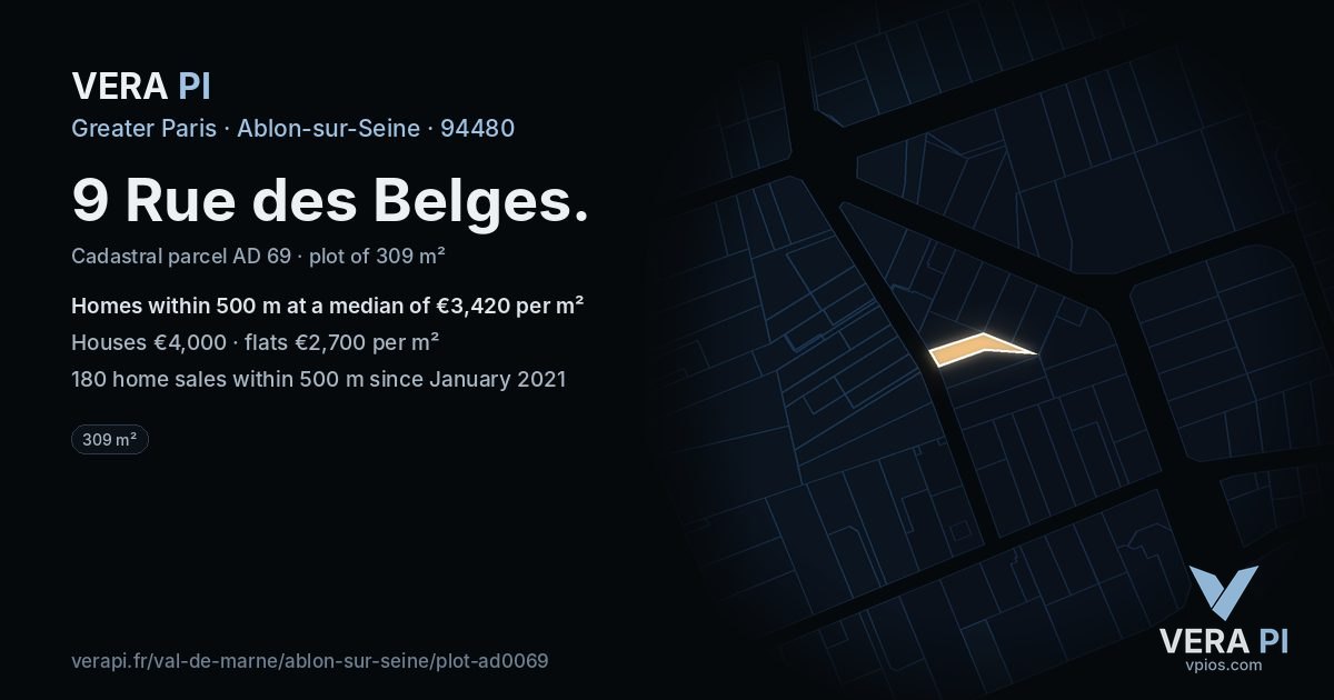 9 Rue des Belges, Ablon-sur-Seine at night – the plot lit, the parcels around coloured by the prices near them