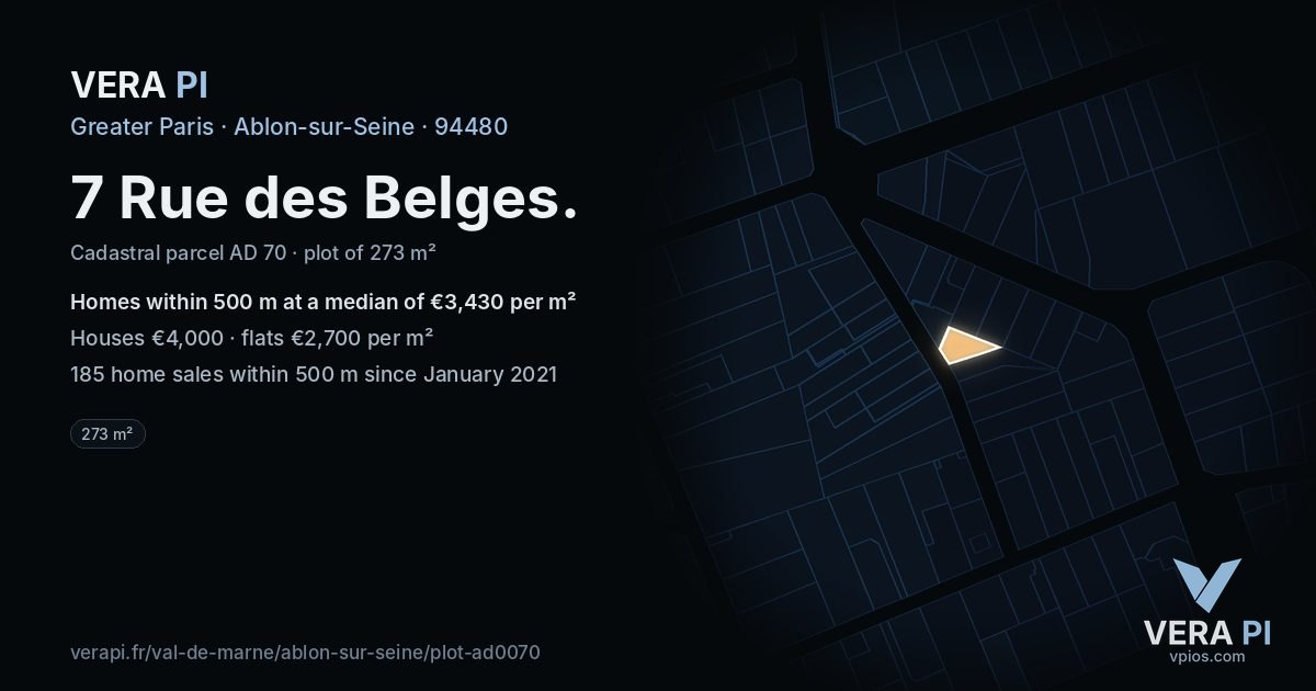 7 Rue des Belges, Ablon-sur-Seine at night – the plot lit, the parcels around coloured by the prices near them